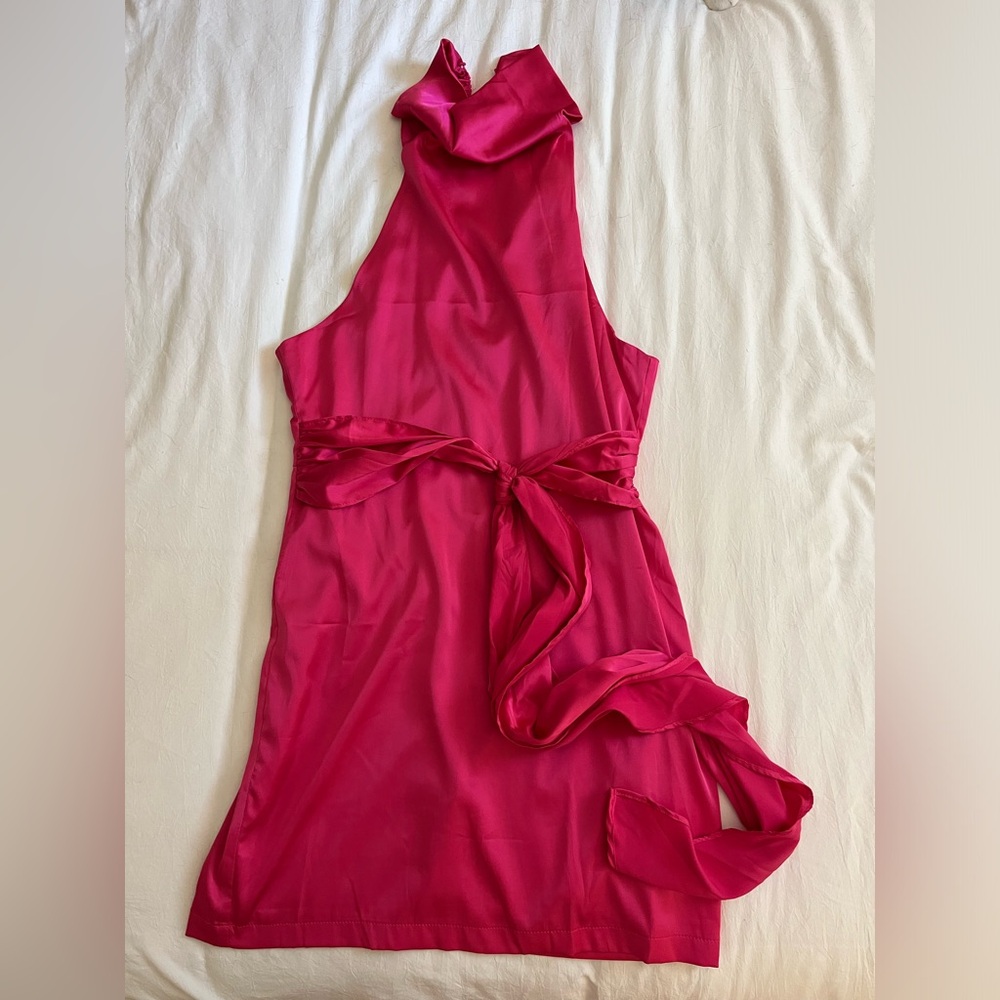 HAZEL & OLIVE pink satin high neck dress